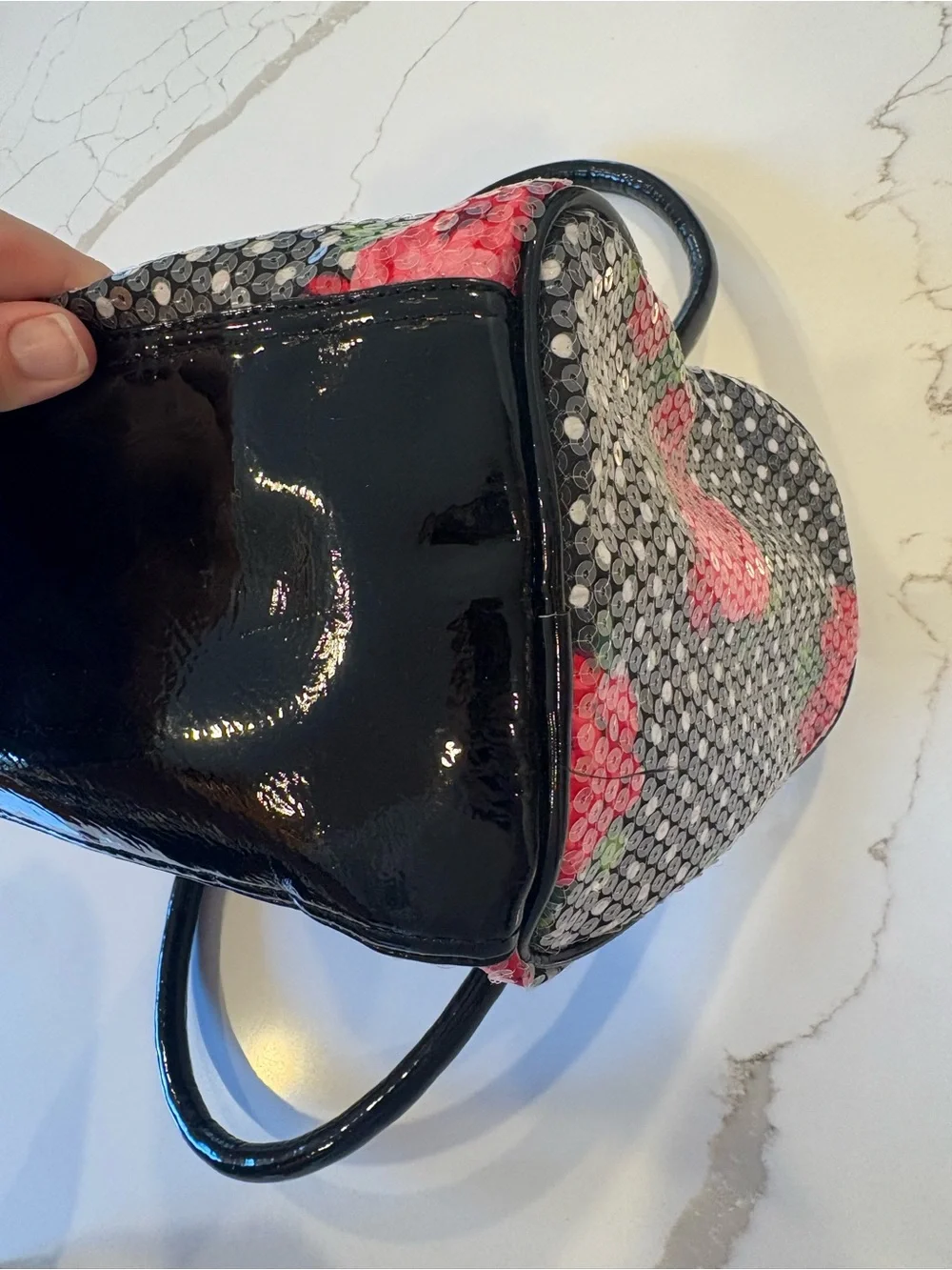 Betsey Johnson Black Sequin Satchel with Pink Rose Embroidery